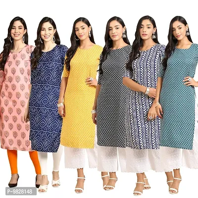 Women Crepe Digital Printed Straight Kurti  Pack of 6