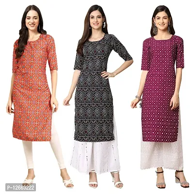 Women Crepe Digital Printed Straight Kurti  Pack of 3