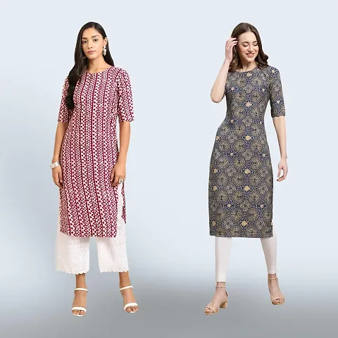 Stylish Crepe Floral Print Straight Kurta Combo of 2