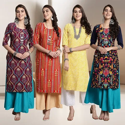 Fancy Multicoloured A-Line Crepe Kurti - Pack of 4