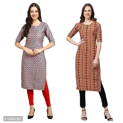 Stylish Straight Multicoloured Printed Crepe Kurta For Women Combo Pack Of 2