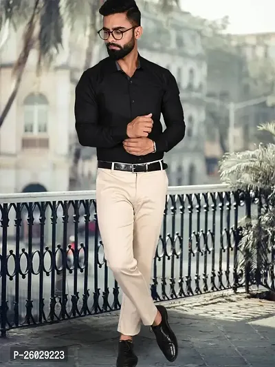 Men Stylish Black Cotton Solid Long Sleeve Semi Formal Shirt