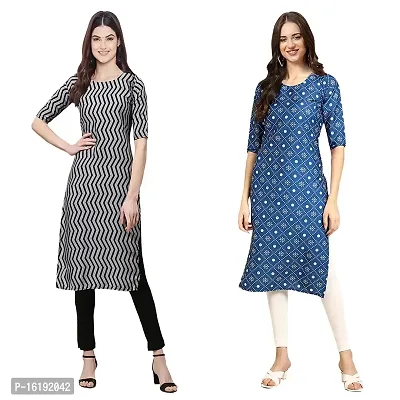 Stylish Straight Multicoloured Printed Crepe Kurta For Women Combo Pack Of 2