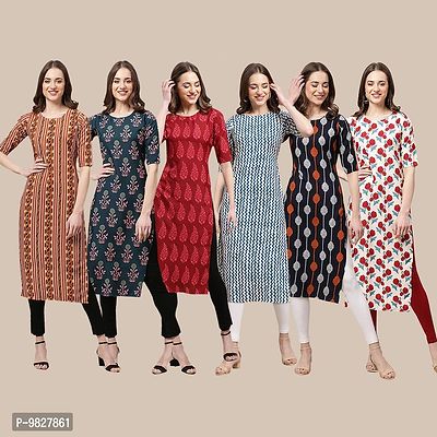 Women Crepe Digital Printed Straight Kurti  Pack of 6