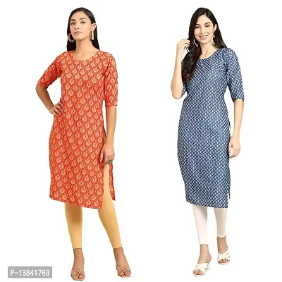 Stylish Straight Multicoloured Printed Crepe Kurta For Women Combo Pack Of 2-thumb0