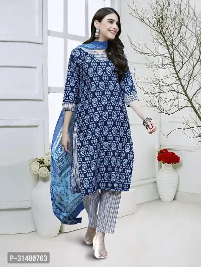 Stylish Cotton Blend Printed Kurta With Pant And Dupatta Set For Women-thumb0