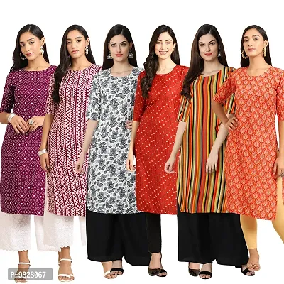 Women Crepe Digital Printed Straight Kurti  Pack of 6-thumb0