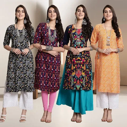 Fancy Straight Crepe Kurti - Pack Of 4