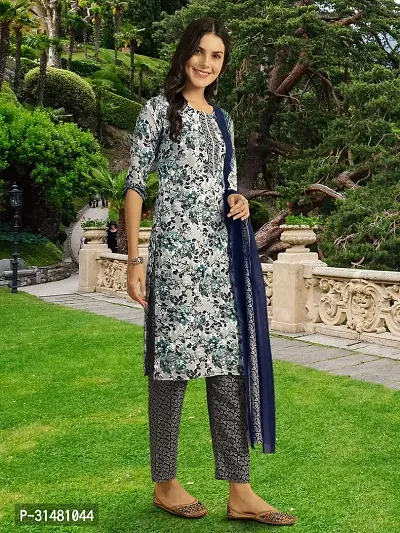 Stylish Navy Blue Cotton Blend Printed Kurta, Bottom and Dupatta Set For Women-thumb5