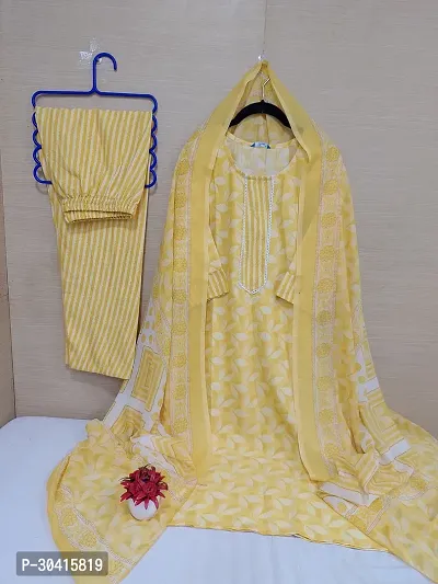 Beautiful Cotton Yellow Printed Kurta Pant And Dupatta Set For Women