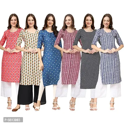 Women Crepe Digital Printed Straight Kurti  Pack of 6