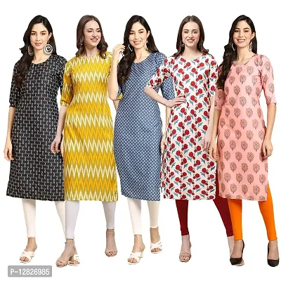 Women Crepe Digital Printed Straight Kurti { Pack of 5 }-thumb0