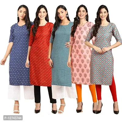 Stylish Crepe Digital Printed Straight Kurti For Women Pack of 5-thumb0