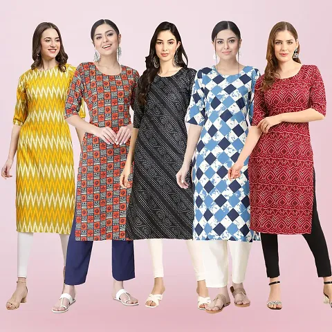 Stylish Crepe Printed Straight Kurti - Pack Of 5