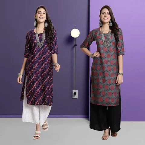 Stylish Multicoloured A-Line Crepe Printed Kurta - Pack Of 2