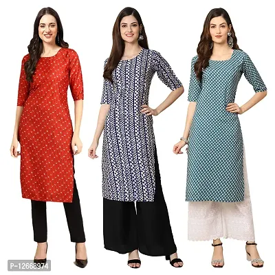 Women Crepe Digital Printed Straight Kurti  Pack of 3