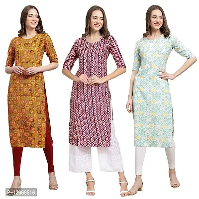 Women Crepe Digital Printed Straight Kurti  Pack of 3