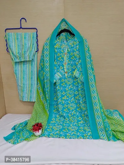 Beautiful Cotton Turquoise Printed Kurta Pant And Dupatta Set For Women-thumb0