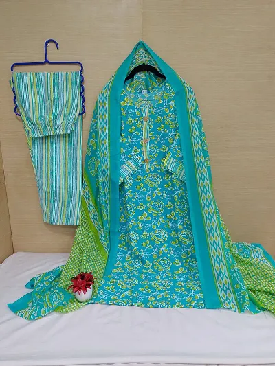 Stylish Cotton Printed Kurta Bottom Dupatta Set