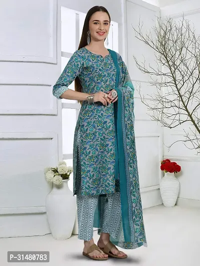 Stylish Cotton Blend Printed Kurta With Pant And Dupatta Set For Women-thumb4