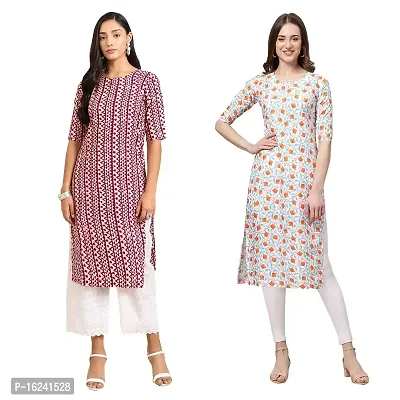 Stylish Straight Multicoloured Printed Crepe Kurta For Women Combo Pack Of 2