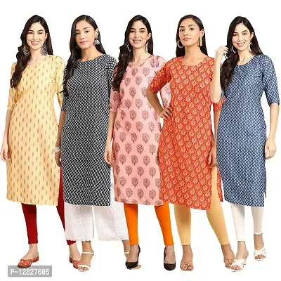 Attractive Straight Multicoloured Printed Crepe Kurta Combo For Women Pack Of 5