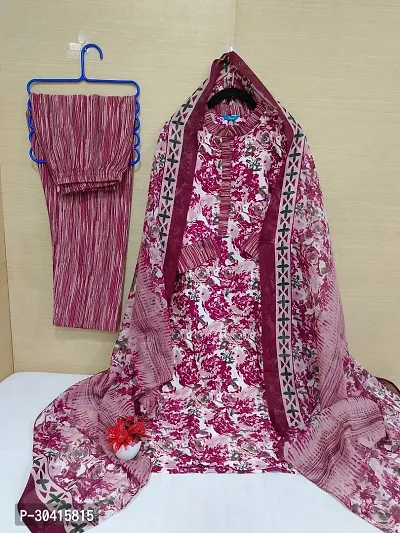 Beautiful Cotton Red Printed Kurta Pant And Dupatta Set For Women