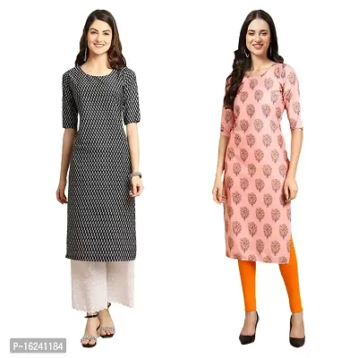 Stylish Straight Multicoloured Printed Crepe Kurta For Women Combo Pack Of 2