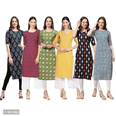 Women Crepe Digital Printed Straight Kurti  Pack of 6