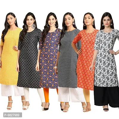 Women Crepe Digital Printed Straight Kurti  Pack of 6