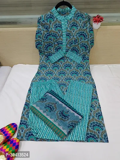 Pretty Blue Printed Cotton Straight Kurta Pant With Dupatta For Women-thumb0