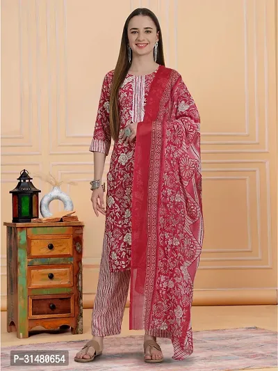 Stylish Pink Cotton Blend Printed Kurta, Bottom and Dupatta Set For Women-thumb0