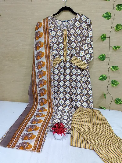 Stylish Cotton Woven Design Straight Kurtis With Bottom And Dupatta Set