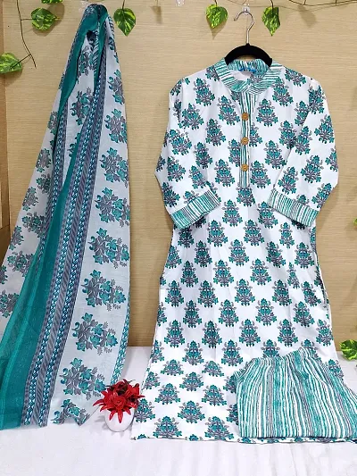 Stylish Cotton  A-Line Printed Kurta With Bottom And Dupatta Set