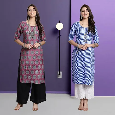 Stylish Multicoloured A-Line Crepe Printed Kurta - Pack Of 2