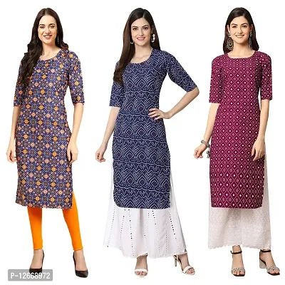 Women Crepe Digital Printed Straight Kurti  Pack of 3