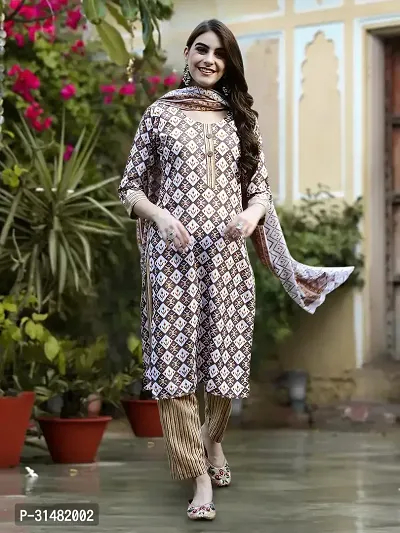 Stylish Cotton Blend Printed Kurta With Pant And Dupatta Set For Women-thumb0