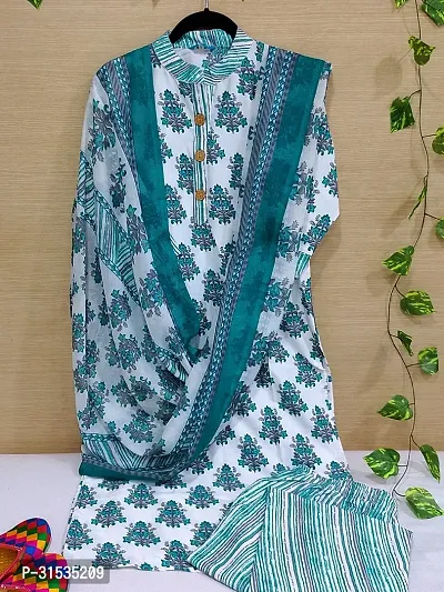 Fancy Cotton Blend Kurta Bottom And Dupatta Set For Women