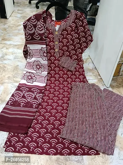 Elegant Cotton Printed Kurta with Pant And Dupatta Set For Women