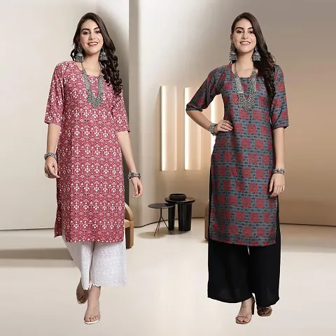 Fancy Crepe Multicoloured Straight Kurti - Pack Of 2