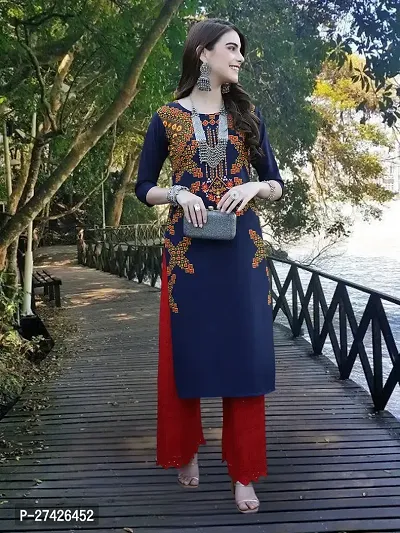 Stylish Navy Blue Crepe Stitched Kurta For Women-thumb0