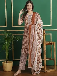 Stylish Brown Cotton Printed Kurta Bottom and Dupatta Set For Women-thumb1