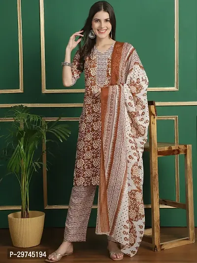 Stylish Brown Cotton Printed Kurta Bottom and Dupatta Set For Women-thumb2