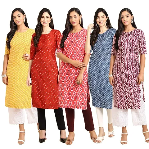 Stylish Fancy Crepe Digital Straight Kurti Combo For Women Pack Of 5