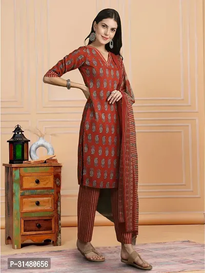 Stylish Red Cotton Blend Printed Kurta, Bottom and Dupatta Set For Women-thumb3