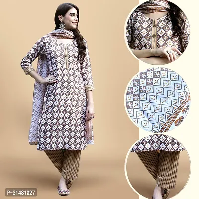 Stylish Beige Cotton Blend Printed Kurta, Bottom and Dupatta Set For Women-thumb0