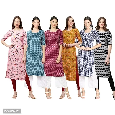 Women Crepe Digital Printed Straight Kurti  Pack of 6-thumb0