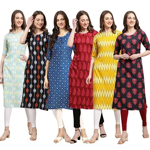 Women Crepe Digital Printed Straight Kurtis Pack of 6 Vol 1