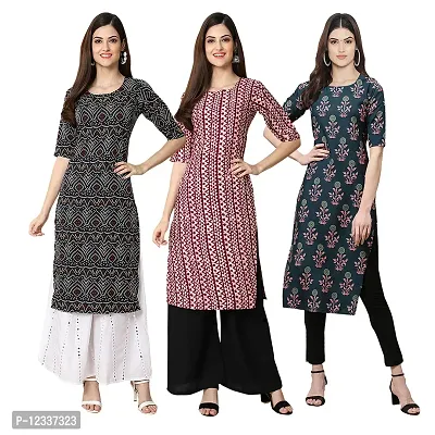 Elite Crepe Printed Straight Stitched Kurta For Women- Pack Of 3