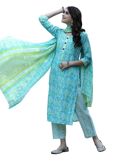 Stylish Cotton A-Line Printed Kurta with Bottom And Dupatta Set